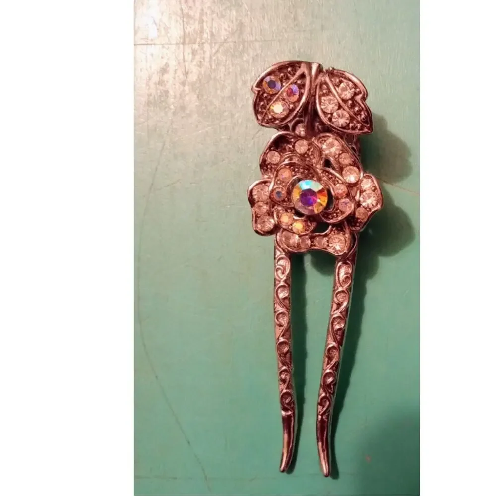 Vintage Bronze Tone Rhinestone Rose Hair Fork Stick Pin Two Prong Chignon Clip